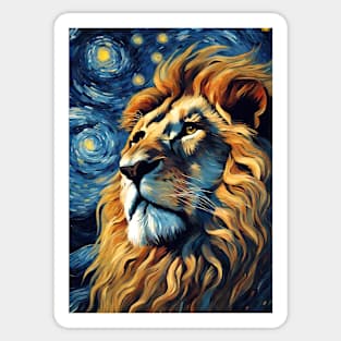 Lion Animal Portrait Painting in a Van Gogh Starry Night Art Style Sticker